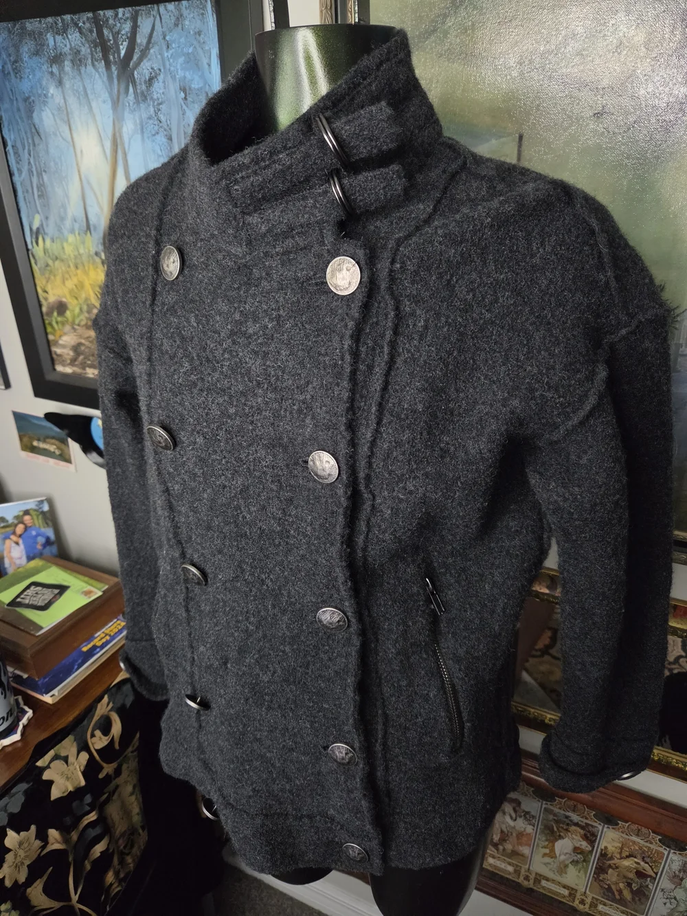 Free People Double-Breasted Charcoal 100% Wool Jacket Military Style Peacoat XS